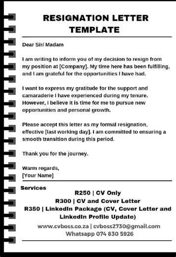 Resignation Letter Template | CVboss.co.za