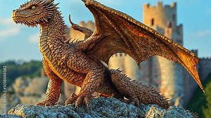 A majestic dragon perched on a rocky surface, showcasing its intricate scales and wings footage