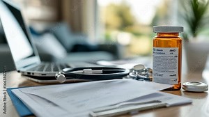 On a warm afternoon, a cozy workspace is set up with a prescription bottle, medical documents, and a stethoscope, spotlighting the essential role of medication in everyday life. Stock Video