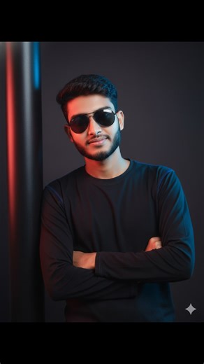 13K views · 290 reactions | Prompt: "A cinematic studio portrait of a young man standing beside a dark pillar, wearing a black dark blue shirt, sunglasses, arms crossed confidently, softly smiling. The lighting is moody with blue and red rim lights highlighting the edges, giving a dramatic professional look." #fblifestyle #cinematic #photo #photography #chatgpt #ai #prompt #chatgpt4 #chatgpt #trend #photos #professional #tutorial | Ismail Hosen | Facebook
