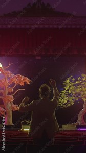 Innovation technology concept for creative: A director in a theater in a vr headset uses augmented reality software to simulate and create scenery in a 3d virtual space for a future performance Stock Video