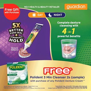 🦷 Elevate Your Denture Care with Polident 🦷 Experience 5X better food seal and our strongest hold yet with Polident Max Hold & Seal. Plus, enjoy a FREE sample of Polident 3-Minute Cleanser with any purchase of Polident denture cream products. While stocks last. Shop at guardian Stores or guardian Online Now! https://guardianmy.me/3Zz4JMC #MYguardian #OwnYourBeautiful #Polident #DentureCare | Guardian Health & Beauty