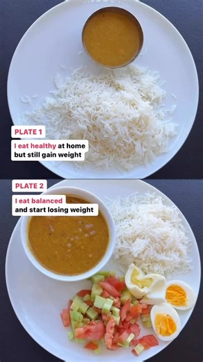 Urvi Gohil| Clinical Dietitian on Instagram: "📌Comment ‘FIT’ to learn more about my sustainable diet and lifestyle programs to start achieving your health goals today! 🚨Unbalanced Plate (Plate-1): 1.5 cup Rice + Dal Macros- 500kcal, 100 g carbs, 10 g protein, 6 g fiber v/s 💪Balanced Plate (Plate-2): Salad + 1 cup Rice + Dal+ 1 whole egg + 1 egg white + yoghurt Macros- 500kcal, 75 g carbs, 25 g protein, 13 g fiber Even when eating at home, it’s important to pay attention to portion sizes, carb