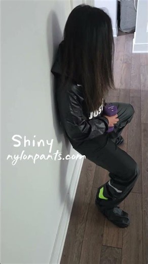 Nylon rainwear women - shiny windpants and Nike windbreaker - asmr loud swishy sound