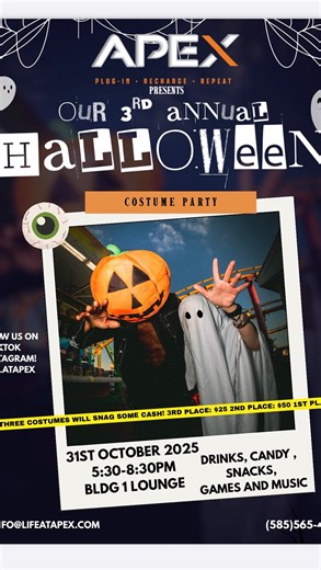 🎃 The APEX Halloween Party is back and better than ever! 🕸️ Join us this Friday from 5:30–8:30 PM for our biggest event of the year, featuring canvas painting, costumes, food, prizes, and plenty of laughs (plus maybe a little friendly competition 👀) our costume contest will be held at the event, and the winners will be announced at 8 PM! 3rd place gets $25, 2nd gets $50, 1st place gets 100! Whether you’re the next Picasso or you just like paint and snack, this is your night to relax, create, 