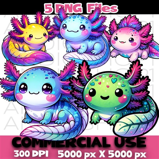 Paquete PNG de ajolotes coloridos, conjunto de imágenes prediseñadas de ajolotes kawaii, descarga digital de animales de acuario - Etsy México