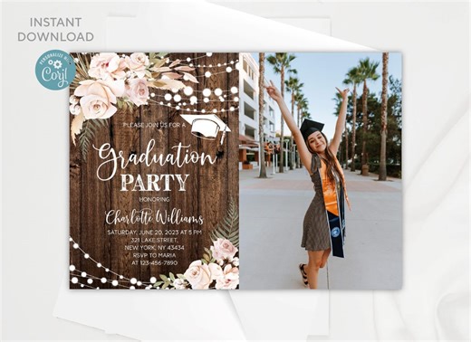 Rustic Floral Graduation Party Invitation Template With Photo (digital Download) - Etsy