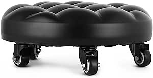 Rolling Stool Low to Ground Roller Seat with 5 Universal Swivel Caster Wheels for Home Office or Fitness Sport or Garage Shop PU Leather High Density Cushion and Steel Frosted Black