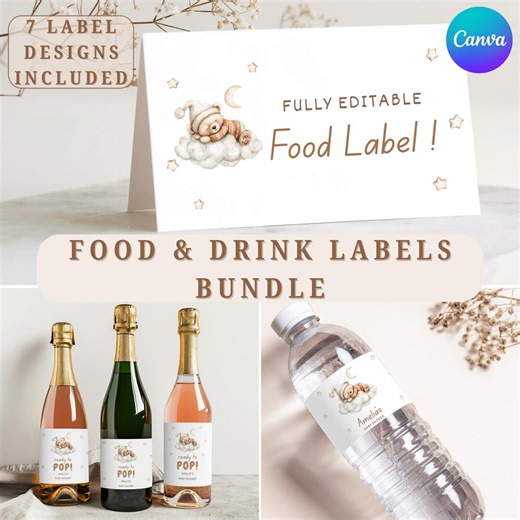 Baby Shower Food Drink Labels Printable Bear Theme Editable Canva Neutral Decor | P8 - Etsy