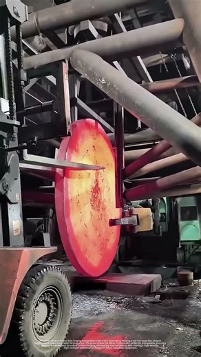 Forging Manipulator Holds Red-Hot Disc Forging Under Hydraulic Press