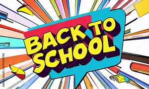 Comic book words "BACK TO SCHOOL" in a retro cartoon pop-up style. Colored comic bubbles and radial speed lines. Animation on a doodle background.