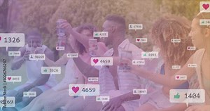 Social media likes and comments animation over friends celebrating by poolside