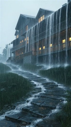 Torrential Rain at a Mountain Lodge 🌧️ Waterfall Rain Sounds for Deep Relaxation