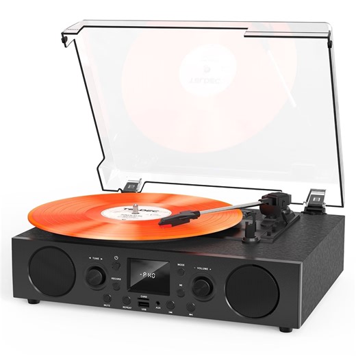 Open Box TANLANIN Record Player with Built-in Speakers, Belt-Driven Turntable Support 3-Speed, FM Radio and Bluetooth Receiving, RCA Line Out & AUX in, USB Recording and Auto Stop, Black