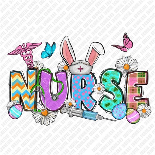 Easter Nurse PNG, Bunny Ears Stethoscope Shirt Design, Nursing Student Spring Floral Clipart, Medical Professional Digital Download DTF