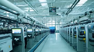 Premium stock video - A worker stands in the middle of a long assembly line in a factory