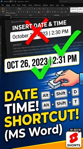 How to Insert Date & Time in MS Word Shortcut Key ⌨️ #Shorts