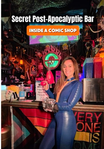 Hidden in the back of an Orlando comic book shop is a post-apocalyptic bar with Fallout vibes. 👀 Vault 5421 is tucked inside Gods & Monsters on International Drive. Walk past the comics and collectibles to find a bar filled with industrial decor, wasteland-inspired props and themed drinks. The drink selection includes craft beer, cider, mead, sake and wine. I wore my Fallout attire, and cosplay is welcome, so feel free to come dressed as your favorite character! 📍 5421 International Drive, Orl