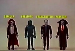 1981/82 commercial for Remco Universal Monsters - Mini Monsters Dracula, Creature from the Black Lagoon, Frankenstein's Monster and Phantom of the Opera action figures with glow in the dark features. | Killer Toys & Games