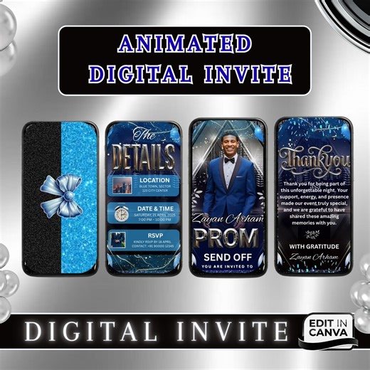 Blue Prom Send off Invite, Prom Party Animated Invitation, Men Prom Celebration Template, Digital Prom Night Party Ideo, DIY Canva E-vite - Etsy