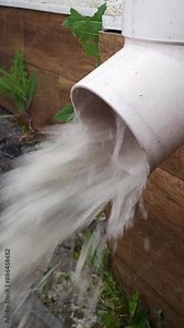 Gutter overflowing with rainwater. The water is cascading out of the gutter and splashing onto the ground.