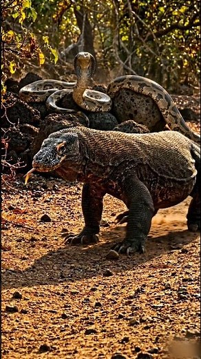 A dangerous face-off between a Komodo Dragon and a King Cobra! 🔥 #shorts #wildlife #animals