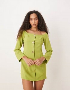 ASOS DESIGN bardot button up mini dress in green | ASOS