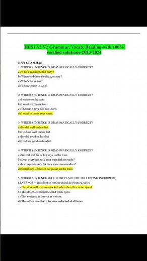 HESI A2 V2 Grammar, Vocab, Reading with 100% verified solutions 2023 2024