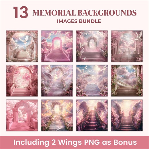 Pink Floral Heaven Backgrounds Bundle, in Loving Memory PNG, Angel Wings for Religious Events, Heaven Stair Steps & Gate, Canva Template - Etsy