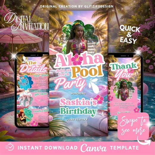 Tropical Pool Party Invitation,aloha Pool Party Evite,hawaiian Luau Teen Tween Splish Splash Pool Party Bash Invite,editable Canva Template - Etsy