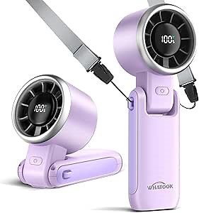 WHATOOK Portable Fan Handheld Mini Fan: Travel Fans with Air Turbo Tech, 4000mAh Battery with LED Display, 5 Gear Wind, 3 in 1 Foldable Small Hand Fans for Makeup, Outdoor, Working, Shopping (Purple)