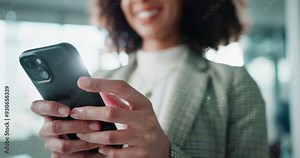 Cellphone, hands and happy woman in office for networking, communication and email or text. Connection, mobile app and female lawyer with technology for research, planning and smile for career