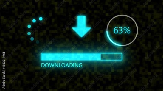 Digital DOWNLOADING Progress Bar with Blue Glowing Download Arrow and Loading 0 to 100% Percentage