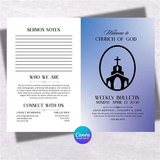 Church Bulletin Template Canva | Church Services Program | Simple Newsletter Pamphlet | Worship Events Bifold Brochure (digital Download) - Etsy