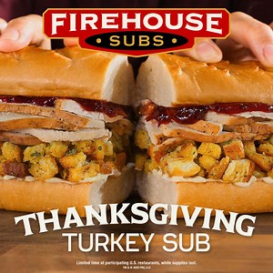 The Thanksgiving Turkey Sub is back for a limited time! Carved turkey, buttery stuffing & cranberry sauce stacked on a sub | Firehouse Subs