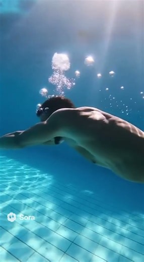 A shirtless man swimming underwater in a crystal-clear pool.