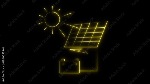 Solar energy panel icon with sun animation. Solar panel electric energy storage battery charger for renewable power concept in 4k motion graphics