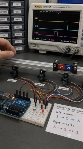 🧲↔️ Left or Right? Arduino Knows. A magnet passes the sensor. But detecting it is only half the challenge. With the right sensor setup, Arduino can determine the direction of movement — not just its presence. ⚡ Simple signals become motion data in real time. AI helps turn the principle into a visual experiment. 🧠 How would you detect the direction? #Arduino #MagnetSensor #Electronics #HallSensor #Sensors #Engineering #ArduinoProjects