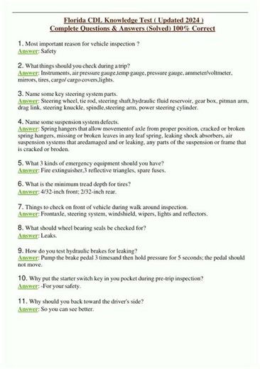 Florida CDL Knowledge Test Updated 2024 Complete Questions Answers Solved 100 Correct