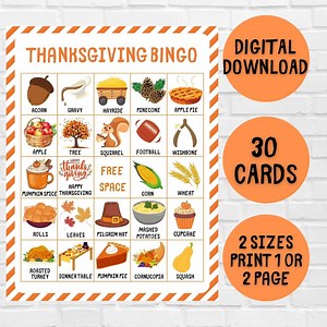 Thanksgiving Bingo, 30 Printable Thanksgiving Bingo Cards, Classroom Thanksgiving Activities, Thanksgiving Activity, Kids Thanksgiving Game - Etsy