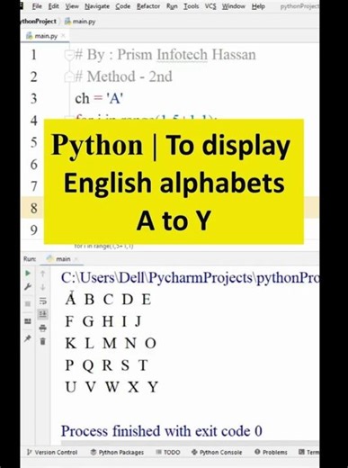 Python | To display English alphabets 'A' to 'Y'.