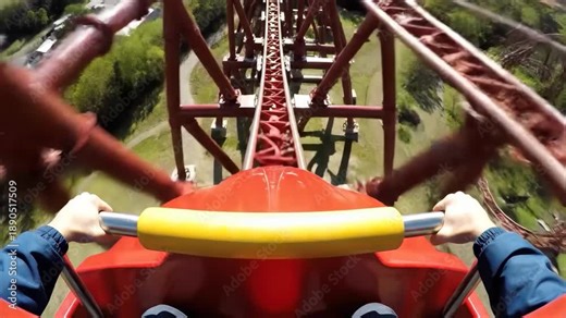 Roller coaster front seat view with hands gripping safety bar over sunlit countryside thrilling