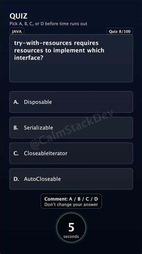 Quiz - 008 | try-with-resources requires resources to implement which interface? | #shorts #java