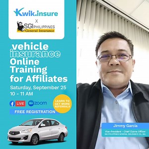 1.1K views · 31 reactions | Join us this Saturday at 10AM for our first Vehicle Insurance Training with SGI Philippines General Insurance Co, Inc's Vice-President - Chief Claims Officer, Mr. Jimmy Garcia. Learn from one of the leading auto insurance providers in the country and understand policy wordings, benefits and coverage, and how to promote vehicle insurance.  Register here for free: https://bit.ly/3kj7GO4 See you there! | KwikCare | Facebook