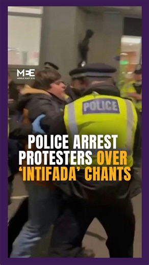 Middle East Eye on Instagram: "UK police made their first arrests on Wednesday since announcing officers will detain people who publicly chant pro-Palestinian calls to "globalise the intifada", in a change prompted by Australia's Bondi Beach attack.⁠ ⁠ London's Metropolitan Police said two people "who shouted slogans involving calls for intifada were arrested for racially aggravated public order offences" at a pro-Palestinian demonstration in the British capital.⁠ ⁠ It came hours after the Met a