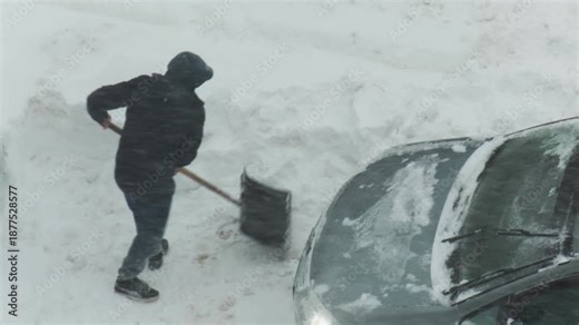 Overhead view person shoveling fresh heavy snow from around passenger car in winter. Vehicle stuck in deep snowdrift requiring effort to clear path. Cold weather conditions and hard work apparent.