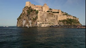 Ancient Aragonese Castle in Ischia Ponte. The fortification stands on a peninsula of volcanic rock connected to the village of Ponte.