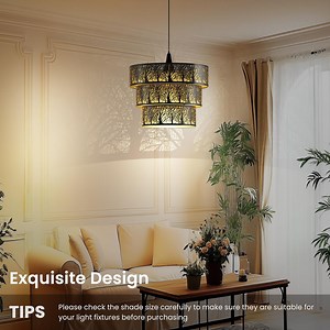 SWAIFDEE Large Metal Lamp Shades for Floor Lamps Pendant Lighting Chandelier Replacement, 3-Tier Drum Metal Lampshade with Forest Design 13'' x 10'' High, UNO Fitter