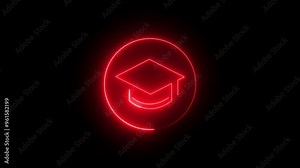 Red color Glowing neon line Graduation cap icon animation on black background. Graduation hat with tassel icon. 4K Video motion graphic animation. Red color neon graduation hat. Top graduation cap. Stock Video