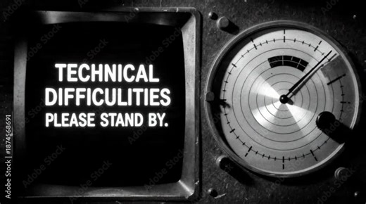 Vintage monitor displaying 'Technical Difficulties Please Stand By' message, with a gauge on the right, black and white